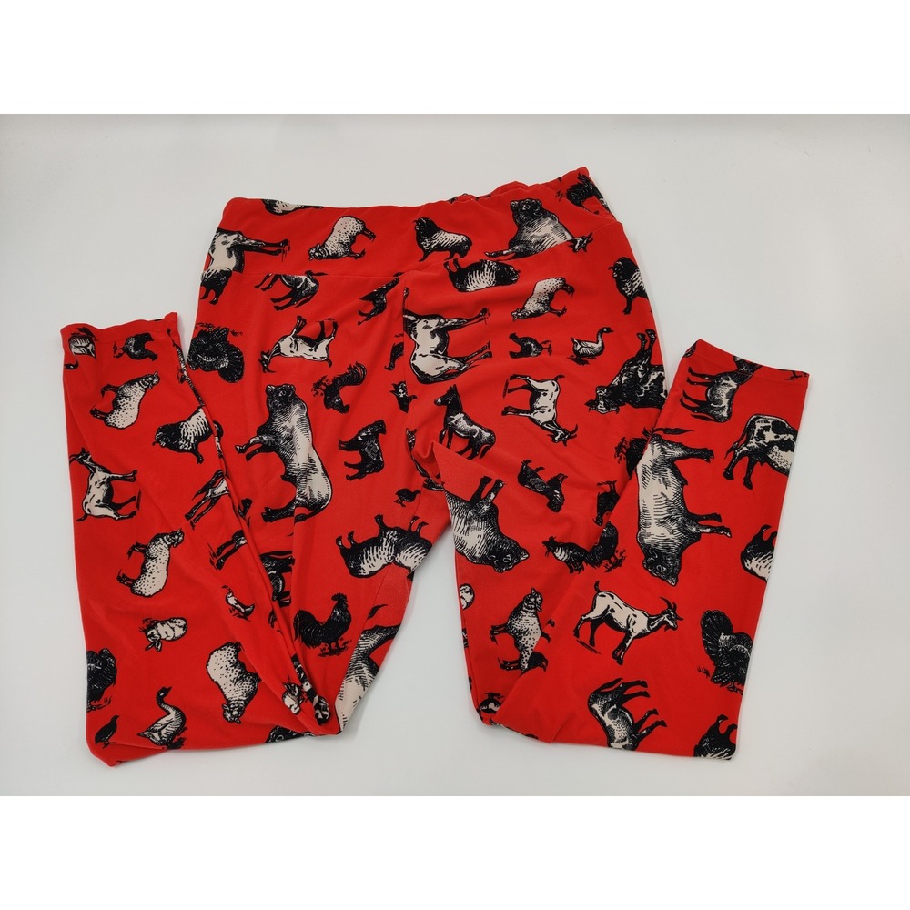 LuLaRoe TC2 (Tall & Curvy) Farm Animal Print Red Leggings‎ Women's OS